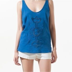 ZARA Cobalt Blue Embroidered Women's Top medium